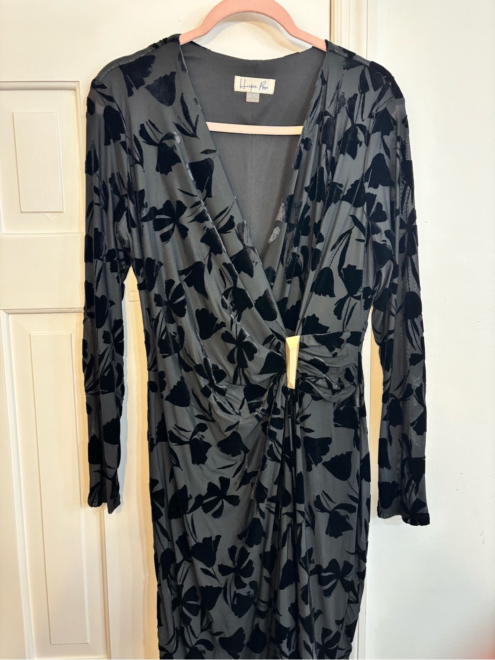 Harper Black Floral Velvet Burnout Long Sleeve Wrap Dress